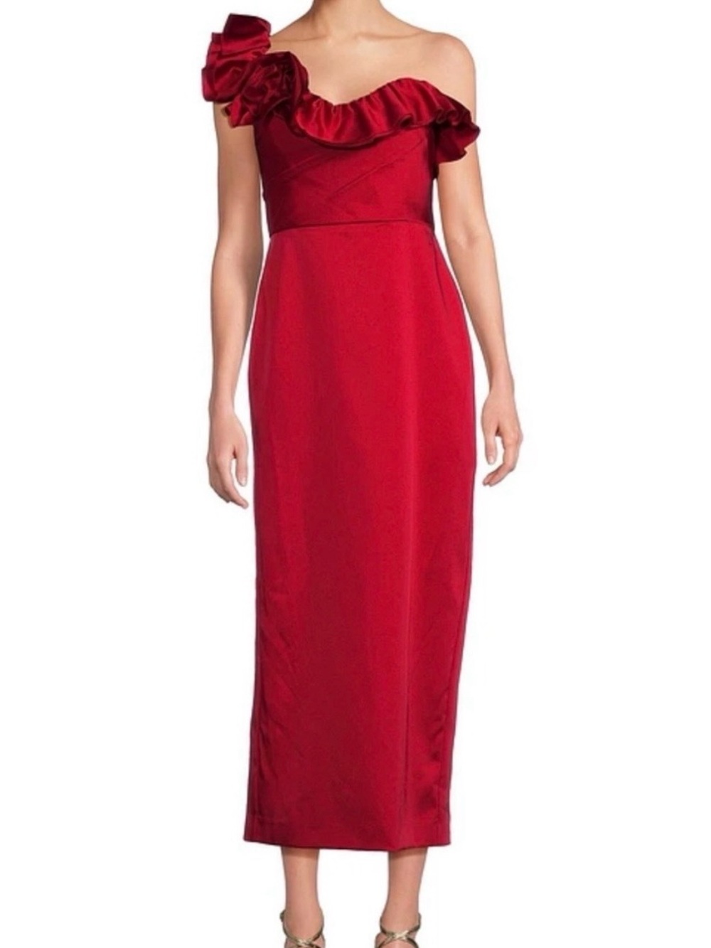 Muse by Marchesa One-Shoulder Ruffle Satin Midi Gown size 6